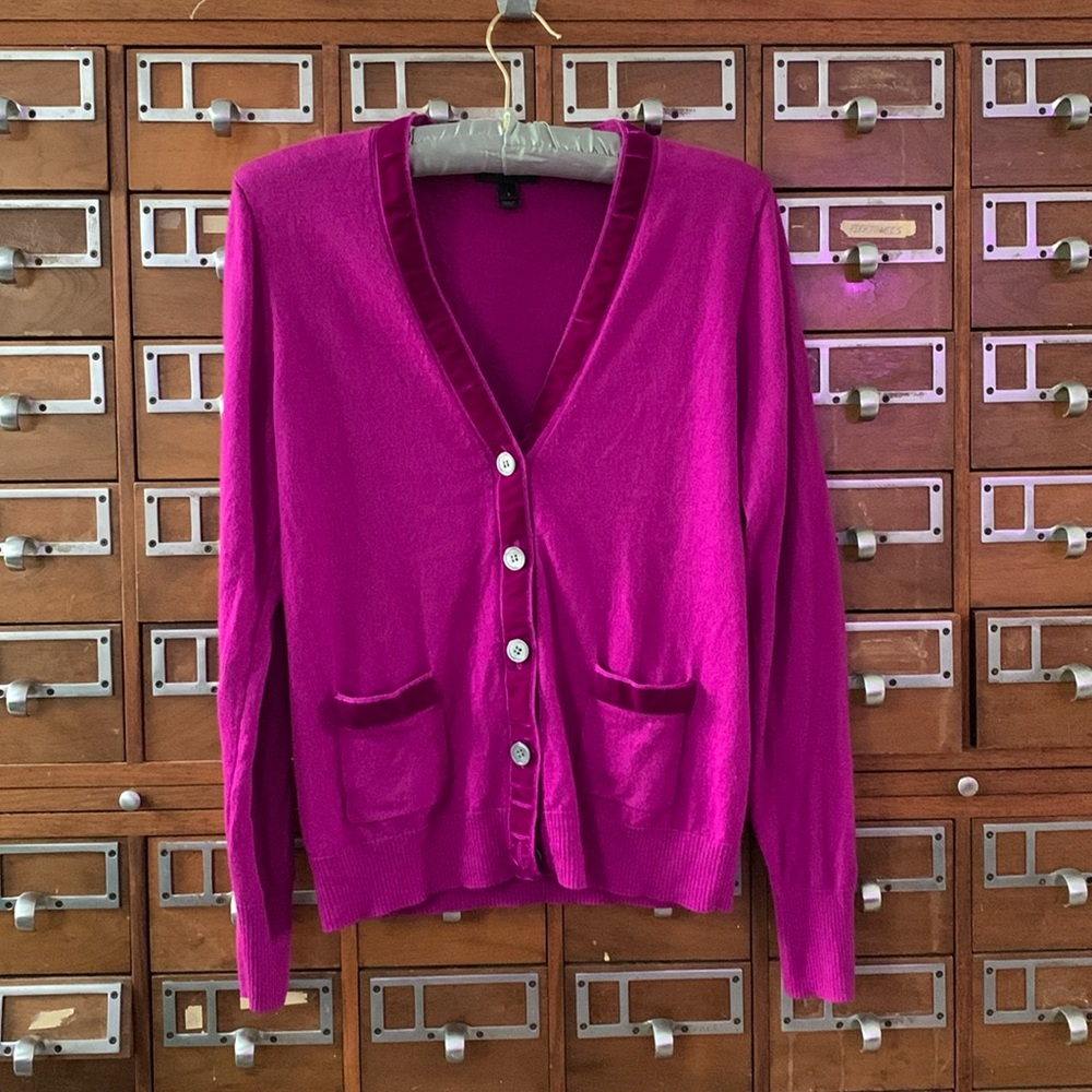J Crew Fuchsia Cardigan Velvet Trim Harlow Cardigan Size Small
